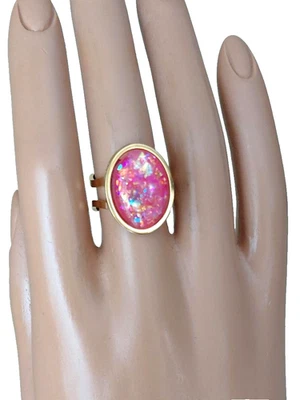 Opal Ring: Sherbet Pink Fire Resin Opal Ring in 18K GP Stainless-Steel 13x18mm - Image 1 of 4