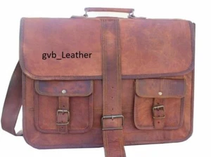 18" Vintage Leather Tote Men Briefcase Laptop Travel Case Messenger Shoulder Bag - Picture 1 of 5