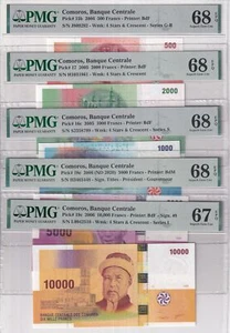 Comoros Set 5; 500-10000 Francs 2020 P 15-P 19 Superb Gem UNC PMG 67 68 EPQ - Picture 1 of 4