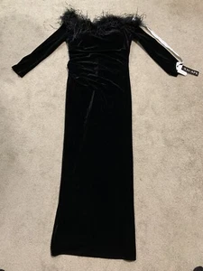 Xscape Long Velvet Off The Shoulder Feathers Dress Women 14 Black Stretch Formal - Picture 1 of 14