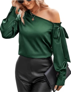 NEW Off Shoulder Satin Top Asymmetrical Neck Blouse Small - Picture 1 of 7