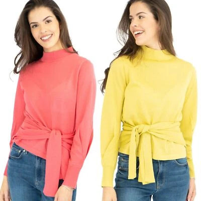 M&S Womens Jumper Linen Blend Knit Funnel Neck Lightweight Pink Green Tie Waist - Image 1 of 4