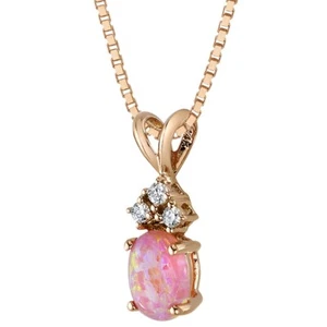 "Ópalo rosa creado en laboratorio con diamantes colgante en forma ovalada oro rosa 14K, 18" - Imagen 1 de 4