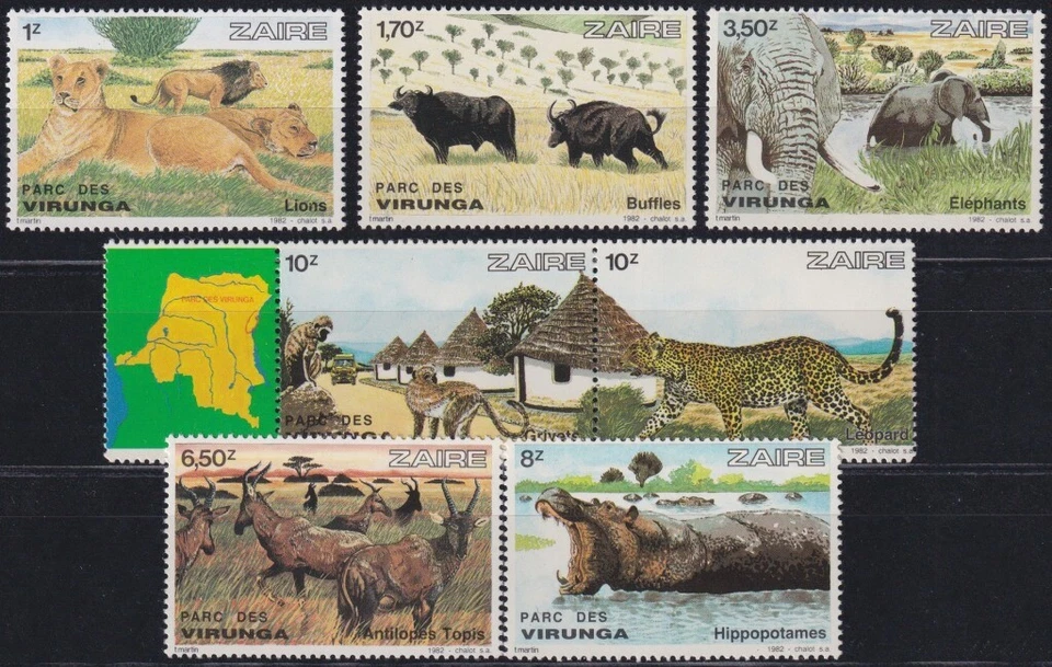 F-EX26082 ZAIRE MNH 1982 FAUNA VIRUGA PARK ELEPHANT TIGER BUFFLES ANTELOPE.  - Image 1 of 1