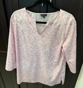 J Peterman Womens Tunic Top 3/4 Sleeve V Neck PinkFloral Lagenlook Size Large AF - Bild 1 von 4