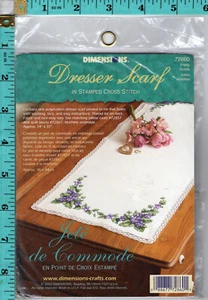 Dimensions 72860 Dresser Scarf in Stamped Cross Stitch Pretty Violets NEW - Picture 1 of 4
