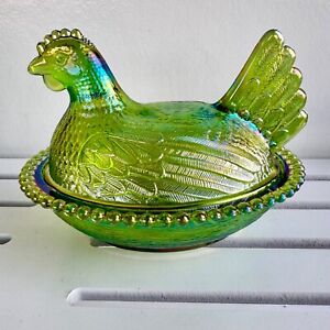 Vintage Indiana Carnival Glass Hen on Nest Green Iridescent Candy Dish PERFECT