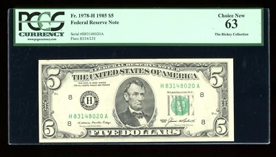 DBR 1985 $5 FRN St. Louis Fr. 1978-H PCGS 63 Serial H83148020A - Image 1 of 2