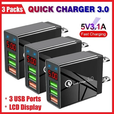 Cargador de pared rápido rápido de 3 piezas Hub de 3 puertos USB QC 3.0 Adaptador de carga de alimentación Enchufe de EE. UU. Foto 1 de 4