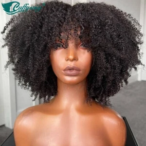 Kinky Curly Wig With Bangs Human Hair Scalp Top Machine Made Wig Short Curly Wig