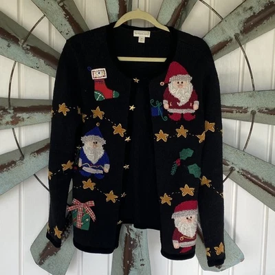 Northern Isle Christmas Cardigan Sweater Santa Stars Black - Size Medium  - Image 1 of 4