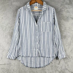 C&C California Button Up Shirt Womens XL Blue & White Striped Raw Hem Hi Low - Picture 1 of 10