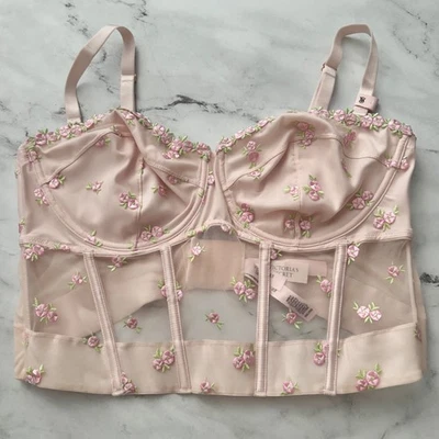 Sujetador Victoria's Secret Rosa Bordado Floral Línea Larga Con Aros Sin Forro 38D Foto 1 de 4