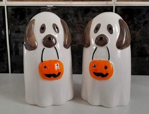 New 2x Ceramic GHOST DOGS with PUMPKINS Halloween Ornament Decoration Figurines - Picture 1 of 3