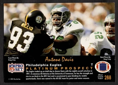 1991 Antone Davis Pro Set Platinum Football Prospects Rookie RC Eagles #288 - Image 1 of 2