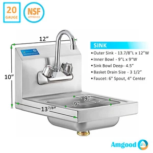 12" x 16" Stainless Steel Commercial Hand Sink | Wall Mount Sink with Faucet - Picture 1 of 8