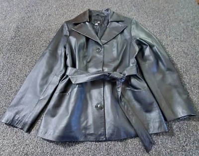 Chaqueta de cuero genuino East 5th para mujer XL negra forrada con cinturón estilo babydoll Foto 1 de 4