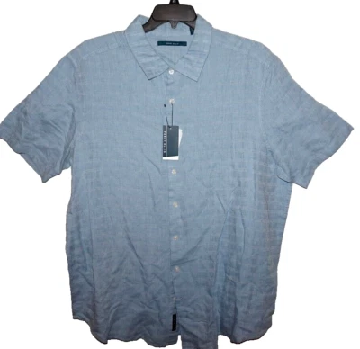 Perry Ellis Mens Short Sleeve Linen Shirt BIG 2X Allure Blue Geo Check NWT - Image 1 of 3