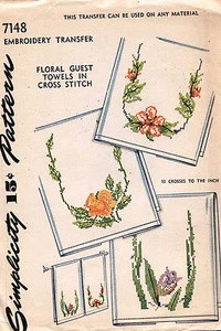 1940's VTG Simplicity Floral Guest Cross-Stitch Embroidery Transfer Pattern 7148 - Picture 1 of 2