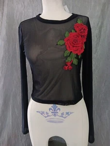 NWT womens rue21 crop top sheer black rose applique long sleeve size M - Picture 1 of 5