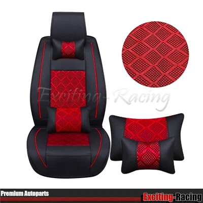 PU Leather 5 Seat Car Seat Covers Cushion Full Set w/ Red Cooling Mesh - Image 1 of 4
