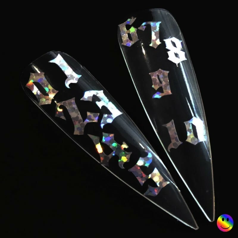 SMILEYS GLITTER STORE Nail Art Decal Stickers Old English Numbers Silver Gold Holographic 75 Per Sheet