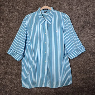 Top Chaps Mujer 2X Azul Turquesa Blanco Pin Rayas Algodón Abotonado Foto 1 de 4