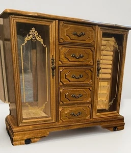 Joyero musical de madera vintage 2 puertas 5 cajones collar carrusel Japón - Imagen 1 de 16