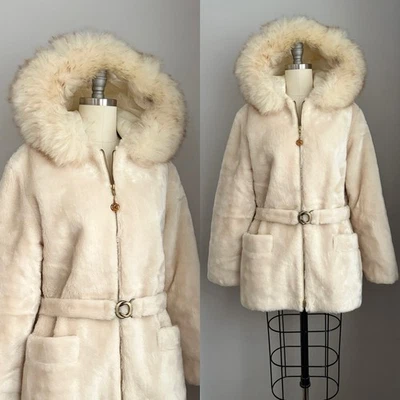 复古 70 年代北欧人造毛皮白色雄鹿连帽外套正品剪羊毛毛皮装饰 M — 第 1/4 张图片