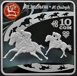 KYRGYZSTAN: silver coin 10 Som At Chabysh World Nomad Games PROOF colored 2024 - Picture 1 of 2