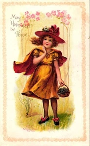 Postcard Little Red Riding Hood in Woods May Happiness be Thine McLoughlin Bros - Picture 1 of 2