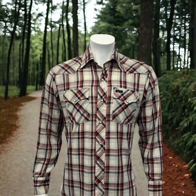 Camisa De Colección Montgomery Ward Western Pearl Snap Beige Rojo Negro Manga Larga MD Foto 1 de 4