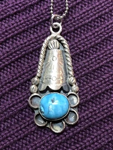 Antique Native American Turquoise Tear Drop Shape Silver Pendant - Picture 1 of 3