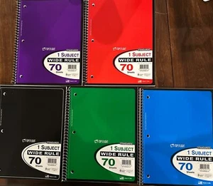 LOT of 5 Spiral Notebooks Wide Rule 70 Sheet 1 Subject Black Green Red Purpl Blu - Picture 1 of 6