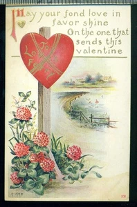 TO LOVE'S FERRY Heart Clovers Lake FOND LOVE Sweet VINTAGE VALENTINE Postcard - Picture 1 of 1