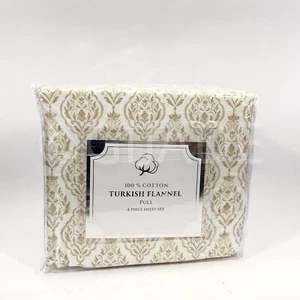 Turkish Full Bed Sheet Set - 4 Piece100% Cotton Flannel, Beige + White New - Picture 1 of 4