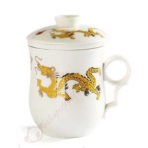 300ml Drago Dorato Ceramica Porcellana Bianca Tazza Tè Caffè Coperchio Infusore Filtro - Foto 1 di 5