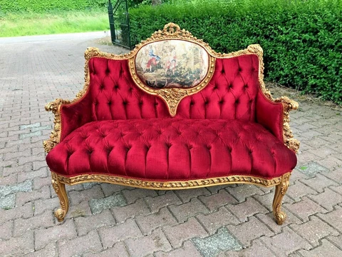 Sofa in French Louis XVI Style in Velvet and Gold Leaf Finish Made when ordered Cover