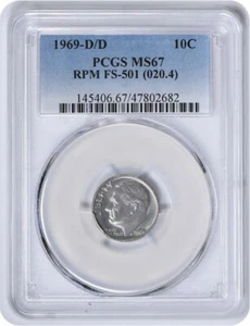 1969-D/D Roosevelt Dime RPM FS-501 MS67 PCGS - Picture 1 of 2