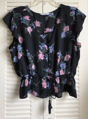 Blusa JACK by BB Dakota Grande Negra Estampado Floral Volantes ~USADA EN EXCELENTE ESTADO~ Foto 1 de 3