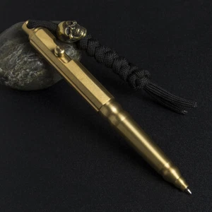 Brass Bolt-action Ballpoint Pen with 550 Paracord Ties Lanyard Brass Skull Bead - Picture 1 of 5
