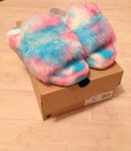 NIB UGG Rainbow Fluff Yeah Pride Sheepskin Sandal Slide Slippers Teens Kids US 4 - Picture 1 of 14