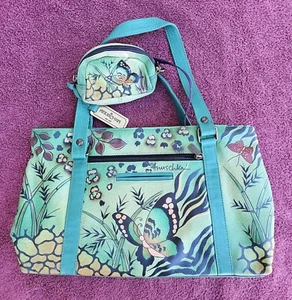 Anuschka Hand Painted Leather Animal Butterfly Tote Shoulder Bag. - Imagen 1 de 9