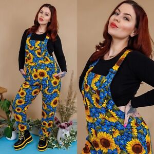 RUN AND FLY Forget Me Not Sunflower Stretch Twill Cotton Dungarees 4XS-4XL