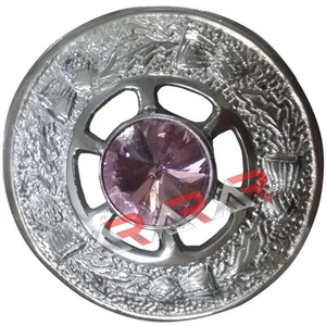 Scottish Brooch Kilt Fly Plaid Ladies Highland Pink Stone Chrome 2" Emblem AAR   - Picture 1 of 3