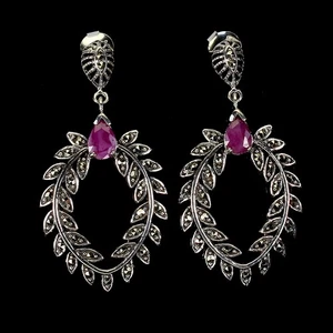 925 Sterling Silver Earrings Pear Ruby 7x5mm Marcasite Natural Gemstone Jewelry - Picture 1 of 13
