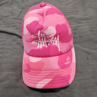 Stussy X Bape A Bathing Ape Collaboration Pink Camo Trucker Hat Cap Mesh 2022  - Image 1 of 4