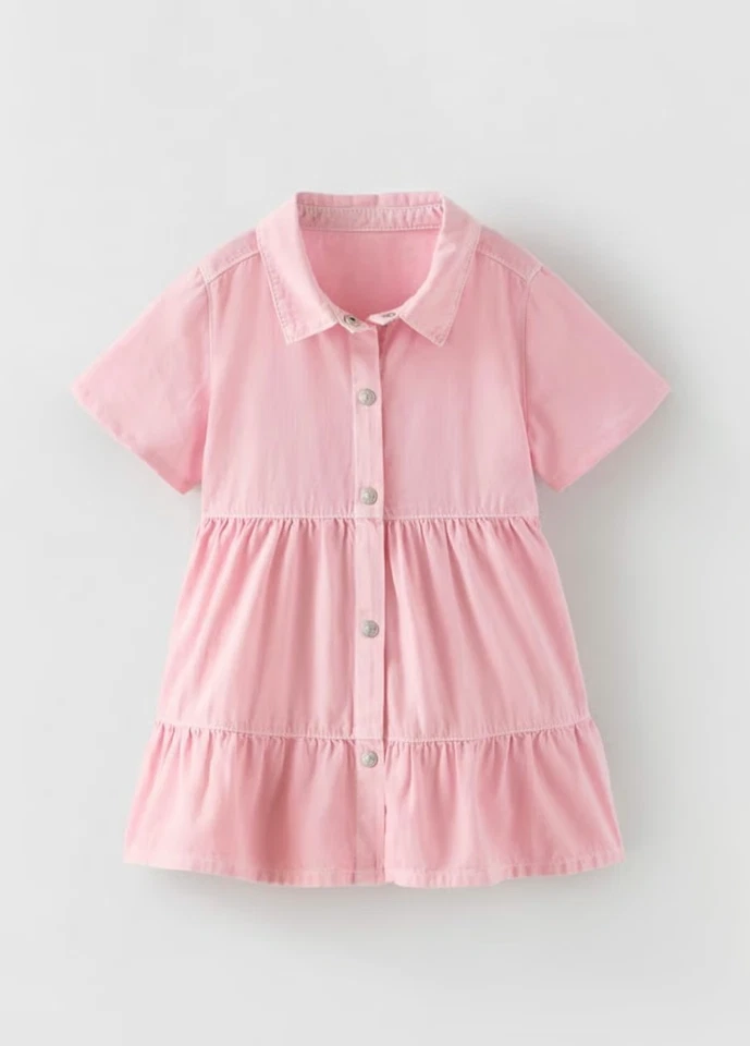Zara Girl's 4-5 Pink Denim Shirt Dress Short Sleeves Tiered Collared   6987/502 - Image 1 of 4