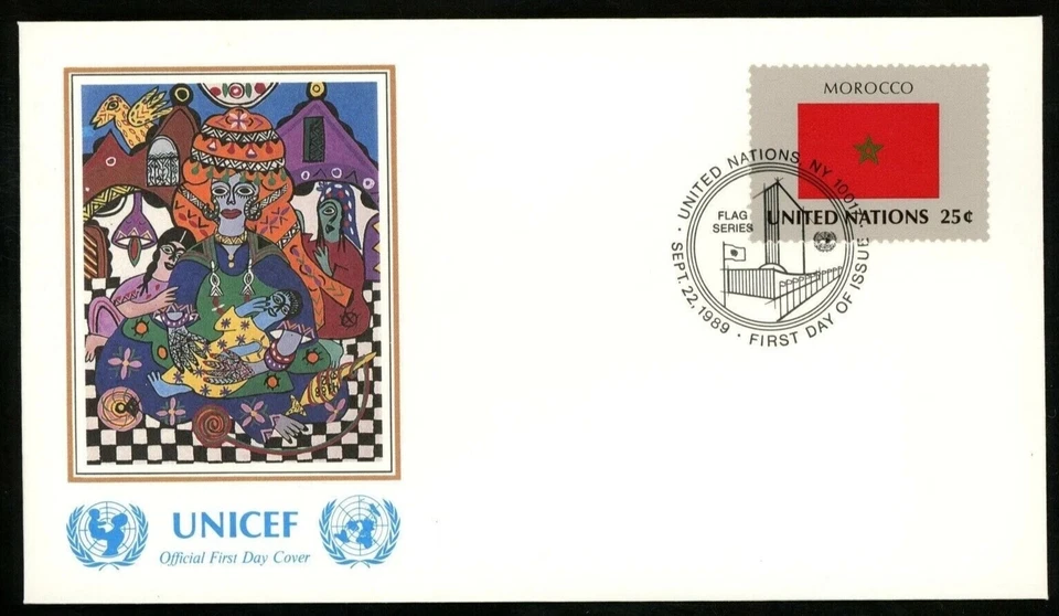 MOROCCO FLAG UNICEF CACHET 1989 NATIVE PAINTING FDC UNADDR - Image 1 of 1