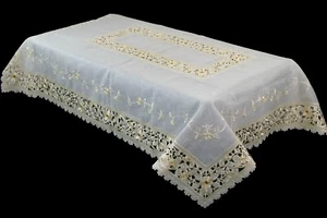72x126" Embroidered Handmade Jeweled Organza Tablecloth 12 Napkins beige Gold - Picture 1 of 4
